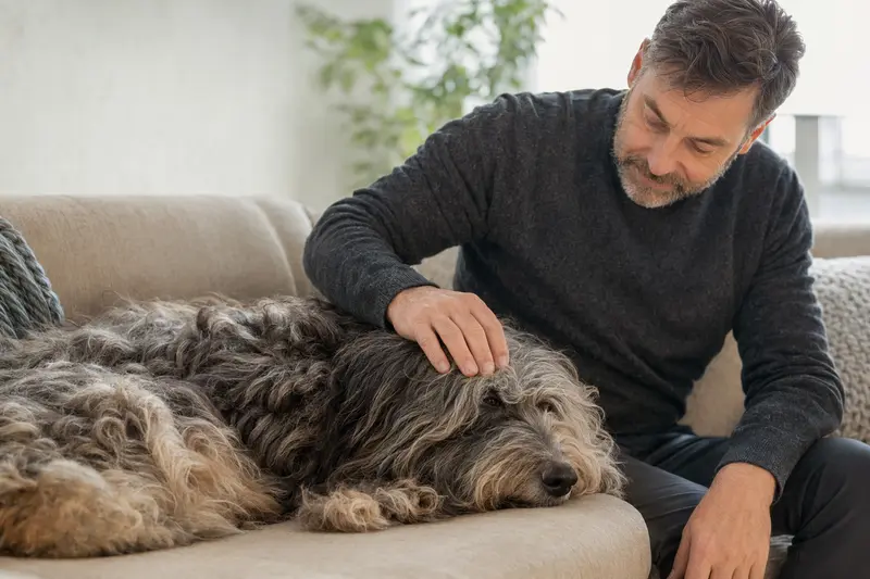 Ein älterer Bergamasker Hirtenhund liegt entspannt auf einem Sofa, während sein Besitzer ihn liebevoll streichelt.
