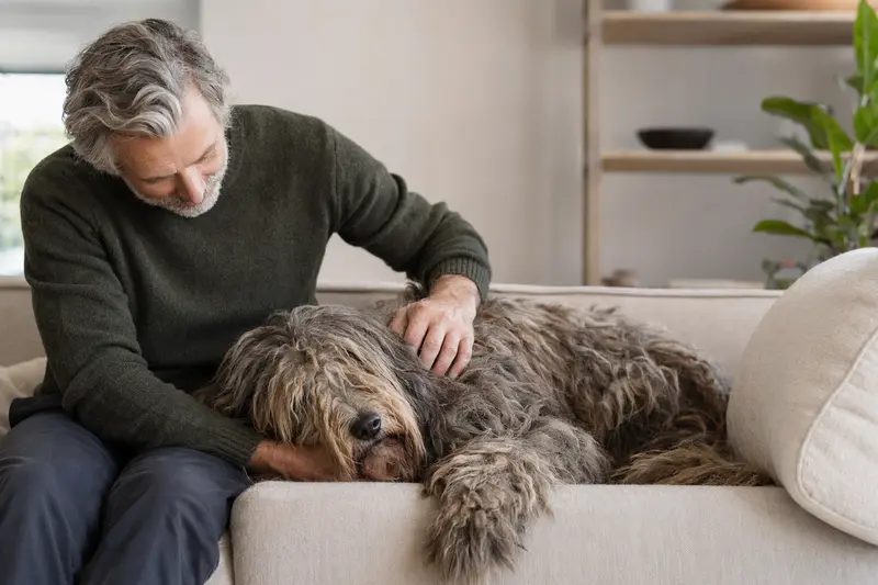 Ein älterer Bergamasker Hund liegt entspannt auf einem Sofa, während sein Besitzer ihn liebevoll streichelt.