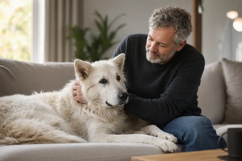 Ein älterer Berger Blanc Suisse Hund liegt entspannt auf einem Sofa, während sein Besitzer ihn liebevoll streichelt.