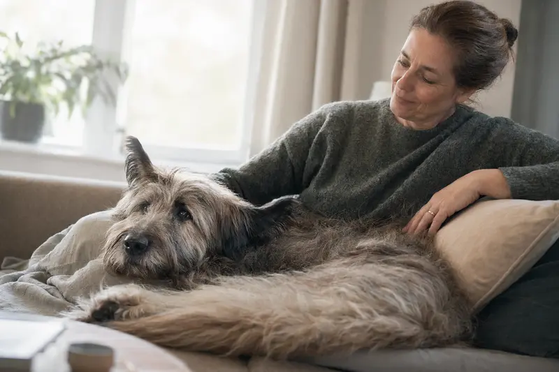 Ein älterer Berger de Picardie Hund liegt entspannt auf einem gemütlichen Sofa, während sein Besitzer ihn liebevoll streichelt.