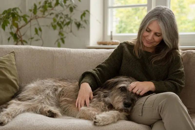 Ein älterer Berger de Savoie Hund entspannt auf einem Sofa, während sein Besitzer ihn liebevoll streichelt.