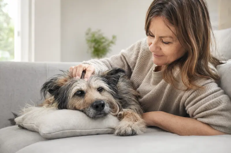 Ein älterer Berger des Pyrénées à face rase liegt entspannt auf einem Sofa, während sein Besitzer ihm liebevoll über den Kopf streichelt.
