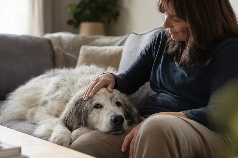 Ein älterer Berger des Pyrenees Hund liegt entspannt auf einem Sofa, während sein Besitzer ihn liebevoll streichelt.