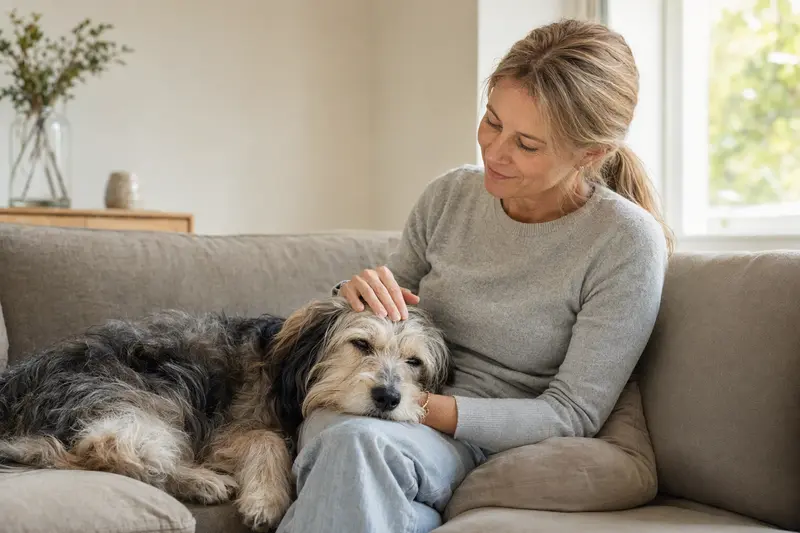 Ein älterer Berger du Languedoc Hund liegt entspannt auf einem gemütlichen Sofa, während sein Besitzer ihn liebevoll streichelt.