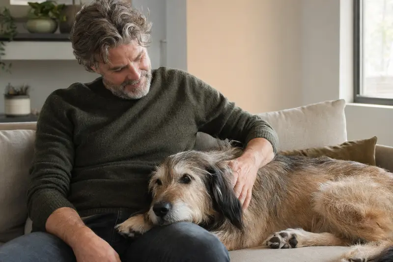 Ein älterer Berger Picard liegt entspannt auf einem Sofa, während sein Besitzer ihn liebevoll streichelt.