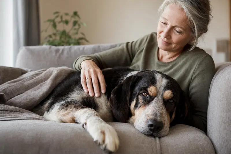 Ein älterer Berner Laufhund liegt entspannt auf einem Sofa, während sein Besitzer ihn liebevoll streichelt und eine warme Atmosphäre der Fürsorge und Sicherheit schafft.