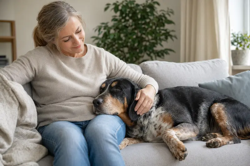 Ein älterer Berner Niederlaufhund entspannt auf einem Sofa, während sein Besitzer ihn liebevoll streichelt.