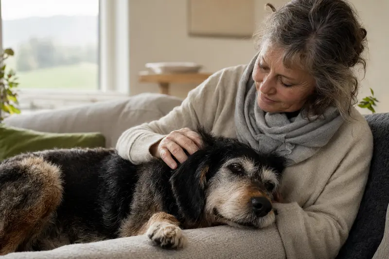 Ein älterer Berner Niederlaufhund entspannend auf einem Sofa, während sein Besitzer ihn liebevoll streichelt.