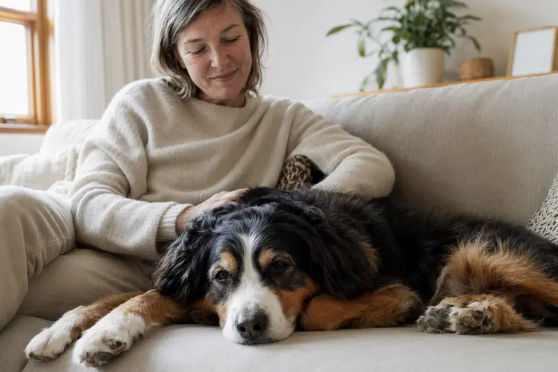 Ein älterer Berner Sennenhund liegt entspannt auf einem Sofa, während sein Besitzer ihn liebevoll streichelt.
