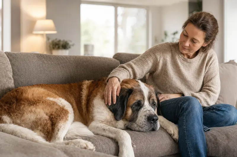 Ein älterer Bernhardiner Hund entspannt auf einem Sofa, während sein Besitzer ihn liebevoll streichelt.