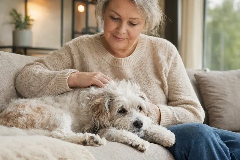Ein älterer Bichon Frisé Hund liegt entspannt auf einem gemütlichen Sofa, während sein Besitzer ihn liebevoll streichelt.