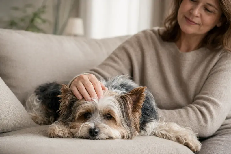 Ein älterer Biewer Terrier entspannend auf einem Sofa, während sein Besitzer ihn liebevoll streichelt.