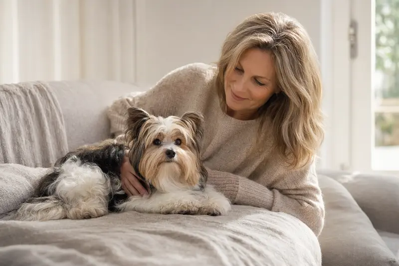 Ein älterer Biewer Yorkshire a la Pom-Pon Hund wird liebevoll von seinem Besitzer auf einem gemütlichen Sofa gestreichelt.