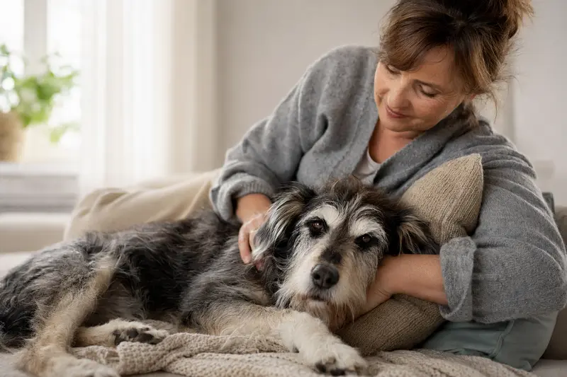 Ein älterer Billy Hund liegt entspannt auf einem gemütlichen Sofa, während sein Besitzer ihn liebevoll streichelt.
