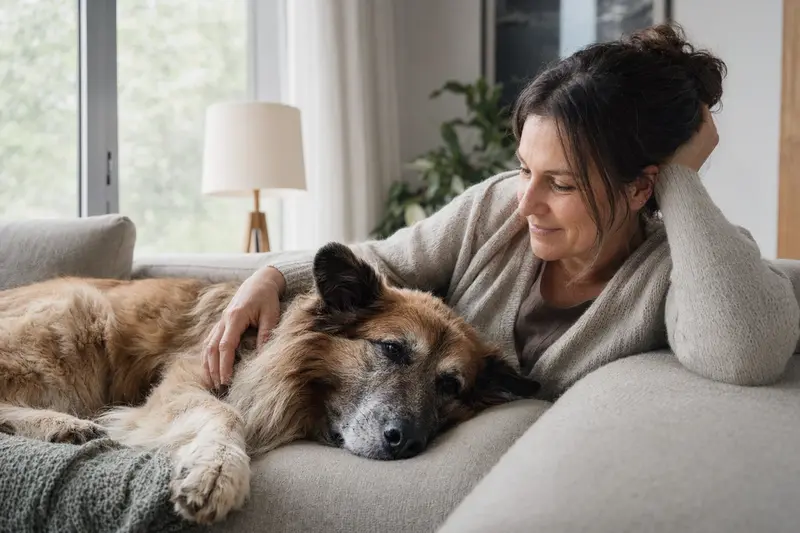 Ein älterer Bisben-Hund liegt entspannt auf einem Sofa, während sein Besitzer ihn liebevoll streichelt.