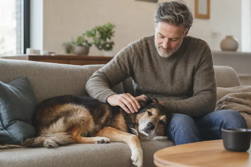 Ein älterer Björnhund entspannt auf einem Sofa, während sein Besitzer ihn liebevoll streichelt.