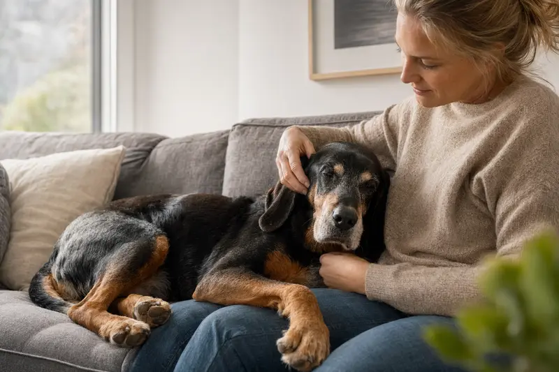 Ein älterer Black and Tan Coonhound Hund liegt entspannt auf einem Sofa, während sein Besitzer ihn liebevoll streichelt.
