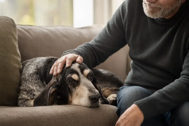 Älterer Blauer Basset der Gascogne liegt entspannt auf einem Sofa, während sein Besitzer ihn liebevoll streichelt.