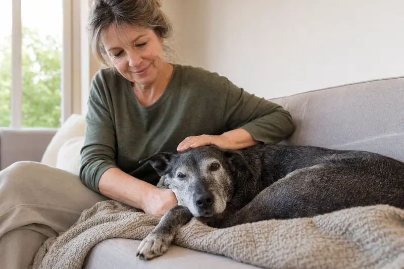 Ein älterer Blue Lacy Hund genießt eine liebevolle Streicheleinheit seines Besitzers auf einem gemütlichen Sofa.