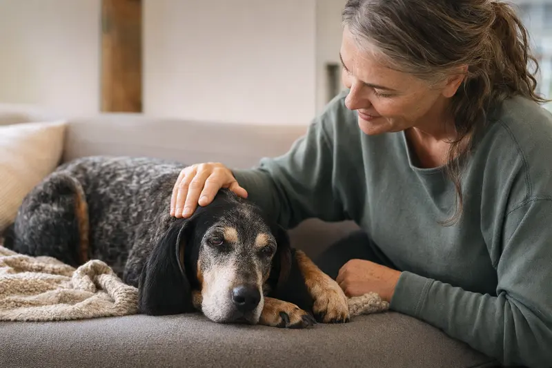 Älterer Bluetick Coonhound liegt entspannt auf einem Sofa, während sein Besitzer ihn liebevoll streichelt und das Thema Hundegesundheit und Fürsorge im Alltag vermittelt.