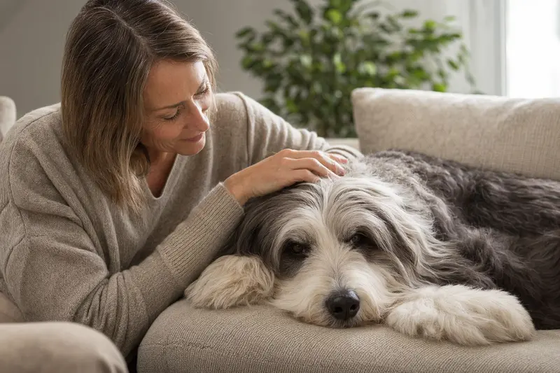 Ein älterer Bobtail Hund entspannend auf einem Sofa, während sein Besitzer ihn liebevoll streichelt.