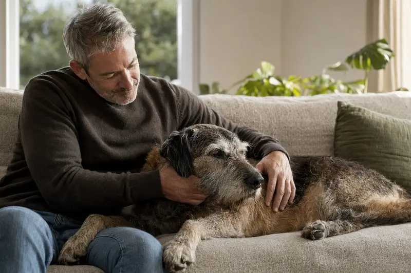 Ein älterer Böhmischer Rauhbart Hund liegt entspannt auf einem Sofa, während sein Besitzer ihn liebevoll streichelt.