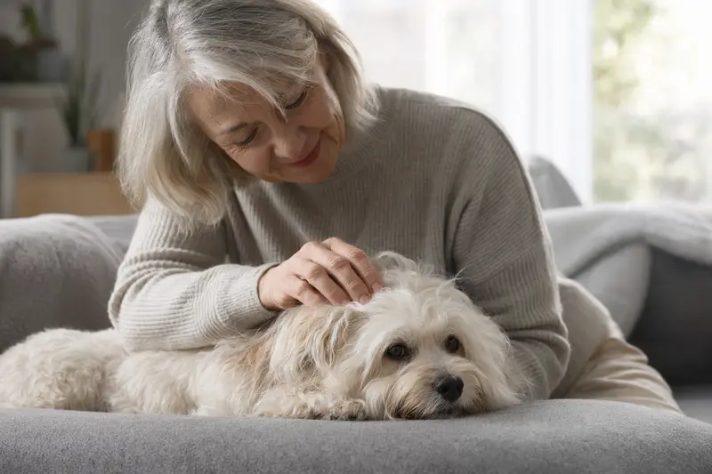 Ein älterer Bologneser Hund liegt entspannt auf einem Sofa, während sein Besitzer ihn liebevoll streichelt.