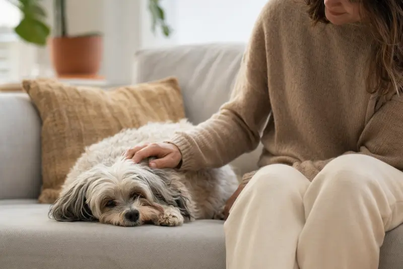 Ein älterer Bolonka Zwetna Hund liegt entspannt auf einem gemütlichen Sofa, während sein Besitzer ihn liebevoll streichelt.