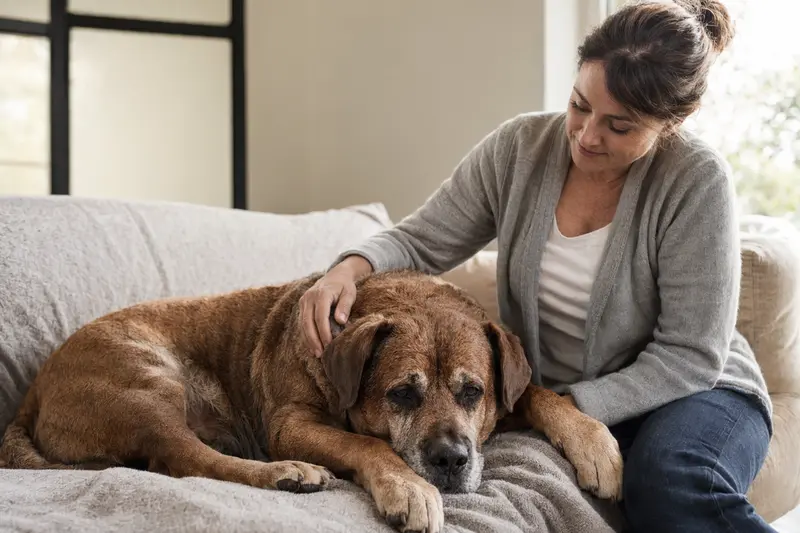 Ältere Bordeauxdogge liegt entspannt auf einem Sofa, während ihr Besitzer sie liebevoll streichelt.