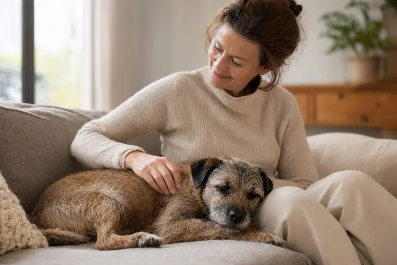 Ein älterer Border Terrier liegt entspannt auf einem Sofa, während sein Besitzer ihn liebevoll streichelt.