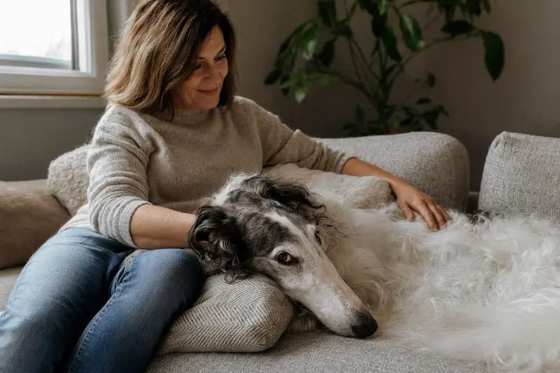 Ein älterer Borzoi Hund liegt entspannt auf einem Sofa, während sein Besitzer ihn liebevoll streichelt.