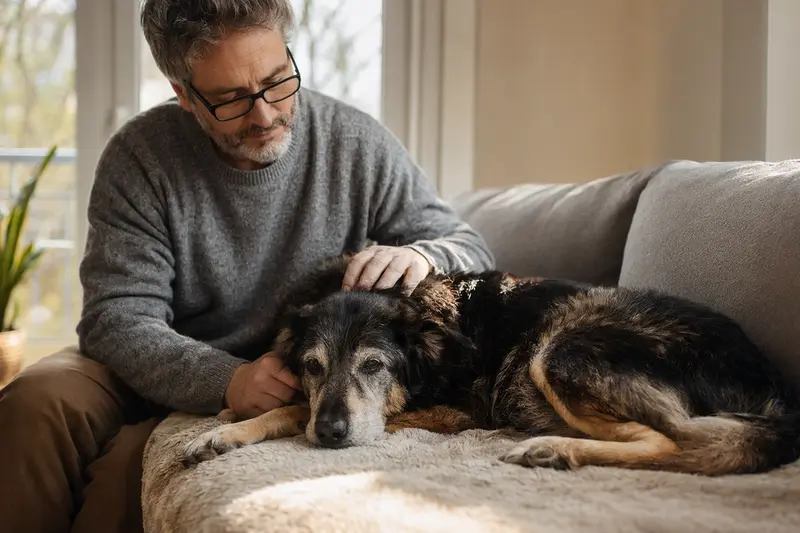 Ein entspannter älterer Bosnisch-herzegowinischer-kroatischer Schäferhund liegt auf einem Sofa, während sein Besitzer ihn liebevoll streichelt.