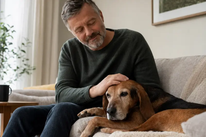 Ein älterer Bosnische Bracke Hund entspannt auf einem Sofa, während sein Besitzer ihn liebevoll streichelt.