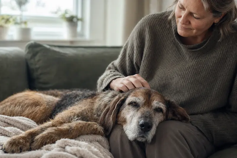 Ein älterer Bosnische Rauhhaarbracke Hund liegt entspannt auf einem Sofa, während sein Besitzer ihn liebevoll streichelt.