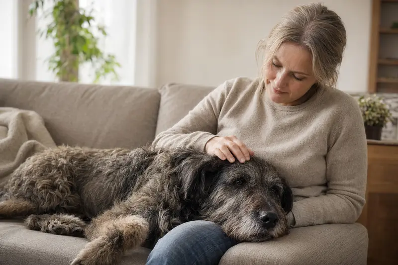 Ein älterer Bouvier des Ardennes Hund entspannt auf einem Sofa, während sein Besitzer ihn liebevoll streichelt.
