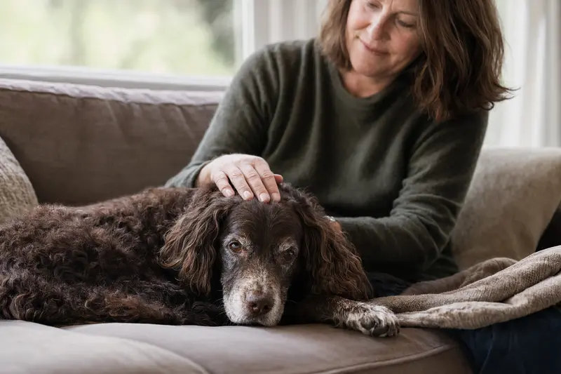 Ein älterer Boykin Spaniel liegt entspannt auf einem Sofa, während sein Besitzer ihn liebevoll streichelt.