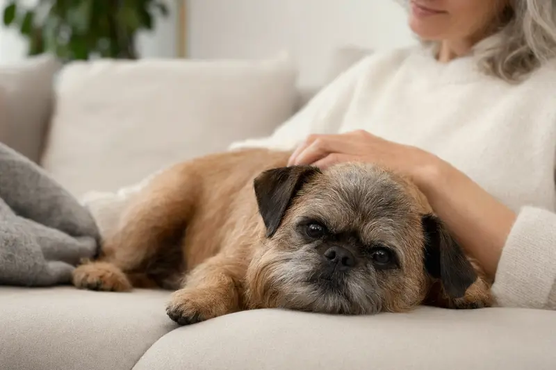 Ein älterer Brabanter Griffon Hund liegt entspannt auf einem gemütlichen Sofa, während sein Besitzer ihn liebevoll streichelt.