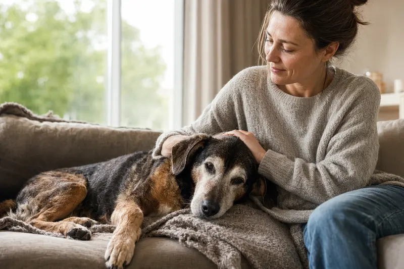 Ein älterer Brandlbracke Hund entspannt auf einem gemütlichen Sofa, während sein Besitzer ihn liebevoll streichelt.