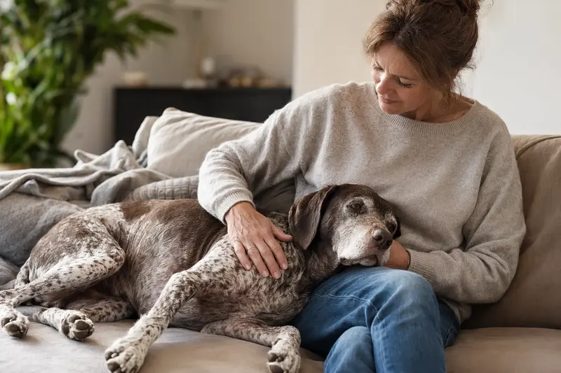 Ein älterer Braque Francais Hund liegt entspannt auf einem Sofa, während sein Besitzer ihn liebevoll streichelt und eine warme Lichtstimmung im Raum herrscht.