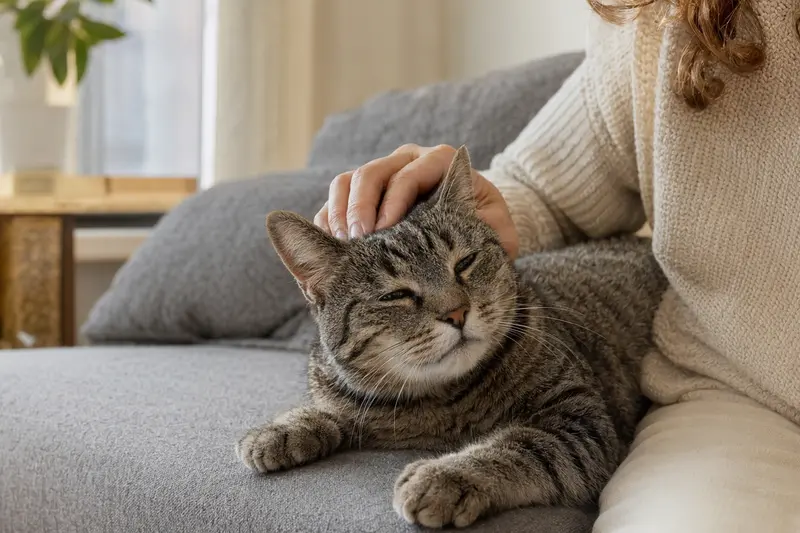 Eine ältere Brasilianisch Kurzhaar Katze liegt entspannt auf einem gemütlichen Sofa, während ihr Besitzer sie liebevoll streichelt.