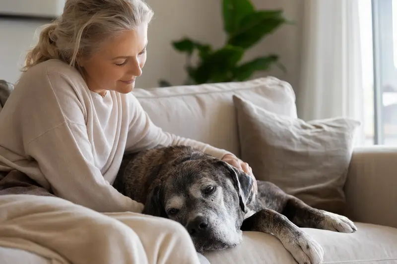 Ein älterer Brasilianische Dogge Hund liegt entspannt auf einem gemütlichen Sofa, während sein Besitzer ihn liebevoll streichelt.