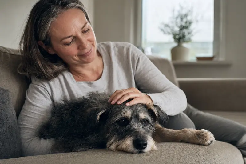 Ein älterer Brasilianischer Terrier liegt entspannt auf einem Sofa, während sein Besitzer ihn liebevoll streichelt.