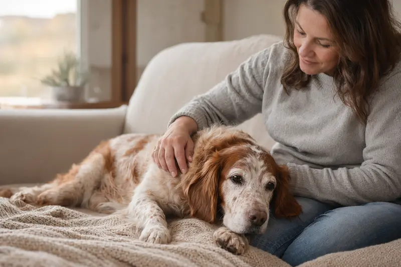 Ein älterer Bretonischer Vorstehhund liegt entspannt auf einem Sofa, während sein Besitzer ihn liebevoll streichelt.