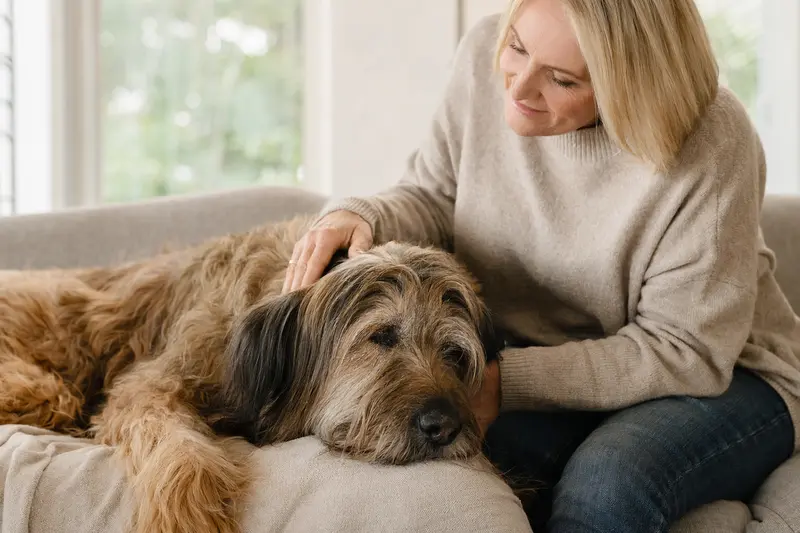 Ein älterer Briard liegt entspannt auf einem Sofa, während sein Besitzer ihn liebevoll streichelt.