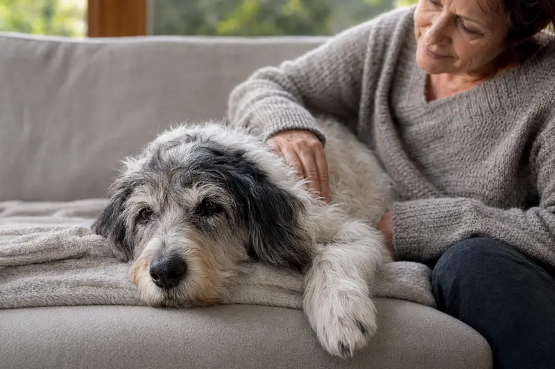 Ein älterer Briquet Griffon Vendeen Hund liegt entspannt auf einem Sofa, während sein Besitzer ihn liebevoll streichelt.