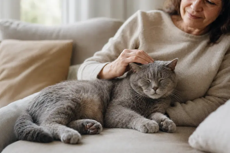 Eine ältere Britisch Kurzhaar Katze liegt bequem auf einem Sofa, während ihr Besitzer sie liebevoll streichelt.