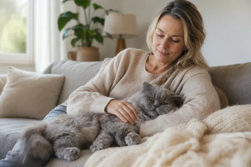 Eine ältere Britisch Langhaar Katze entspannt auf einem gemütlichen Sofa, während ihr Besitzer sie liebevoll streichelt.