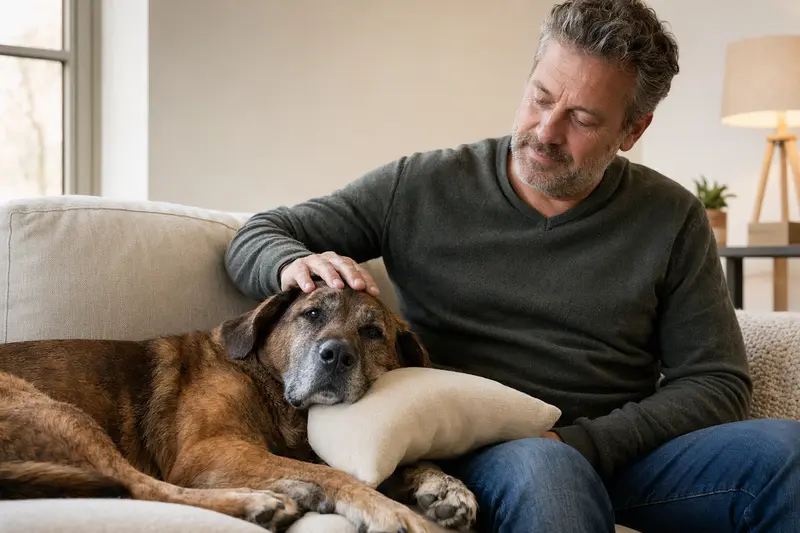 Ein älterer Broholmer Hund entspannt auf einem Sofa, während sein Besitzer ihn liebevoll streichelt.