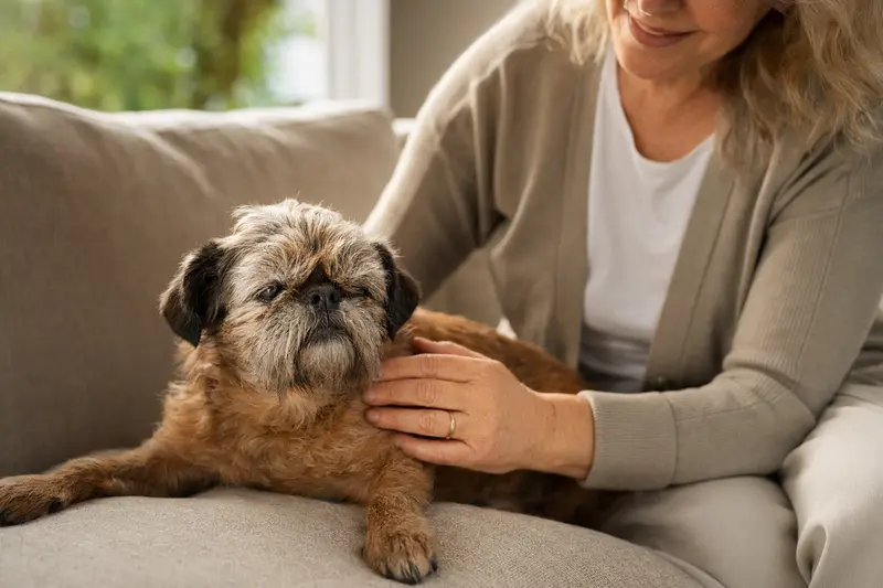 Ein älterer Brüsseler Griffon Hund liegt entspannt auf einem Sofa, während sein Besitzer ihn liebevoll streichelt.