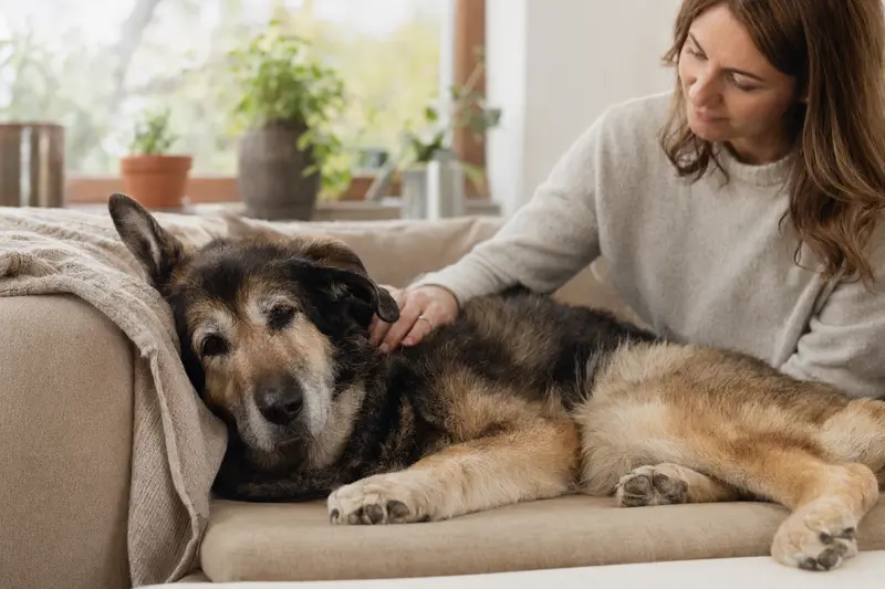 Ein älterer Bulgarischer Schäferhund liegt entspannt auf einem gemütlichen Sofa, während sein Besitzer ihn liebevoll streichelt.